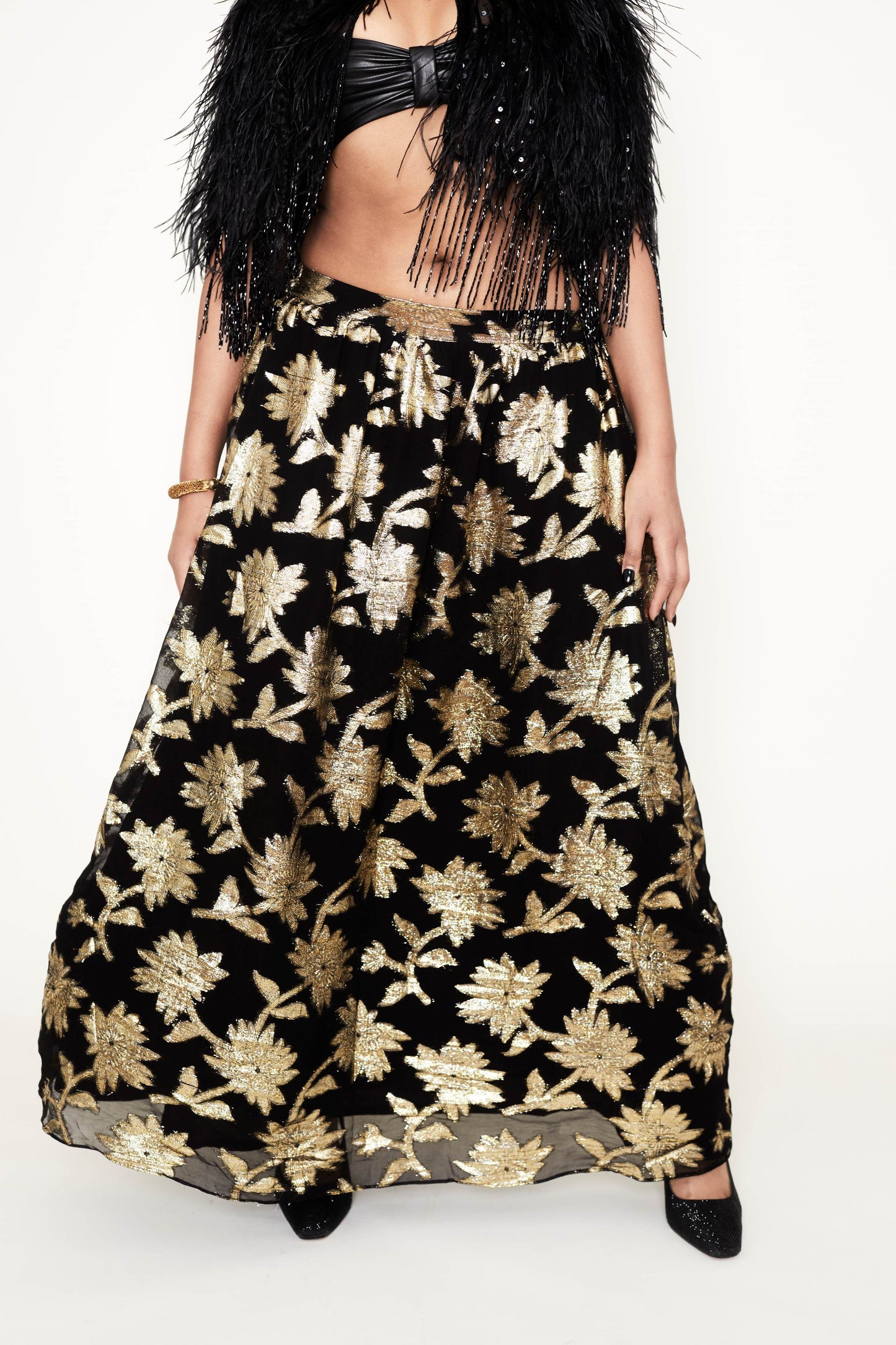 Black & Gold metallic brocade floral design skirt