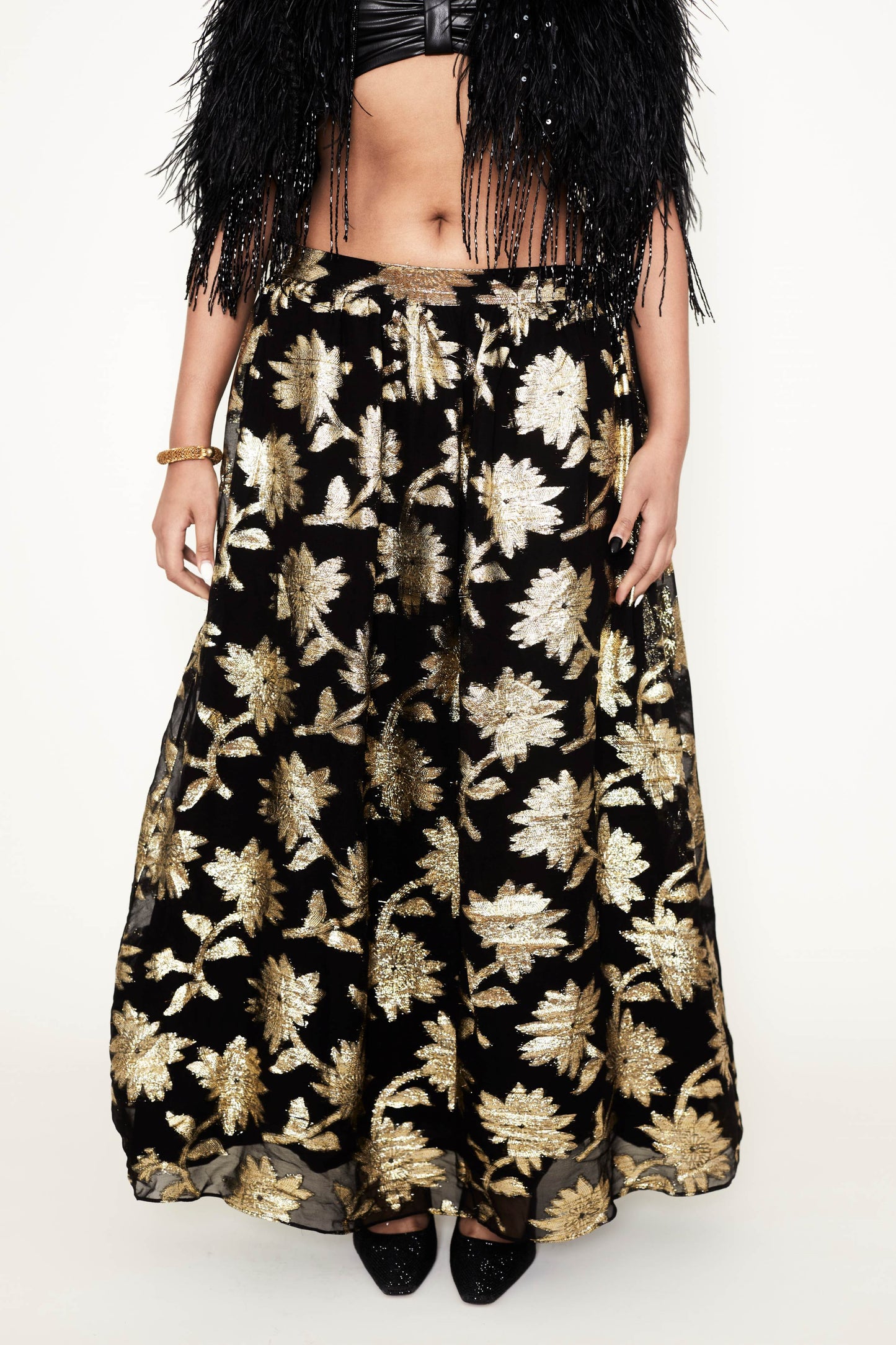 Black & Gold metallic brocade floral design skirt