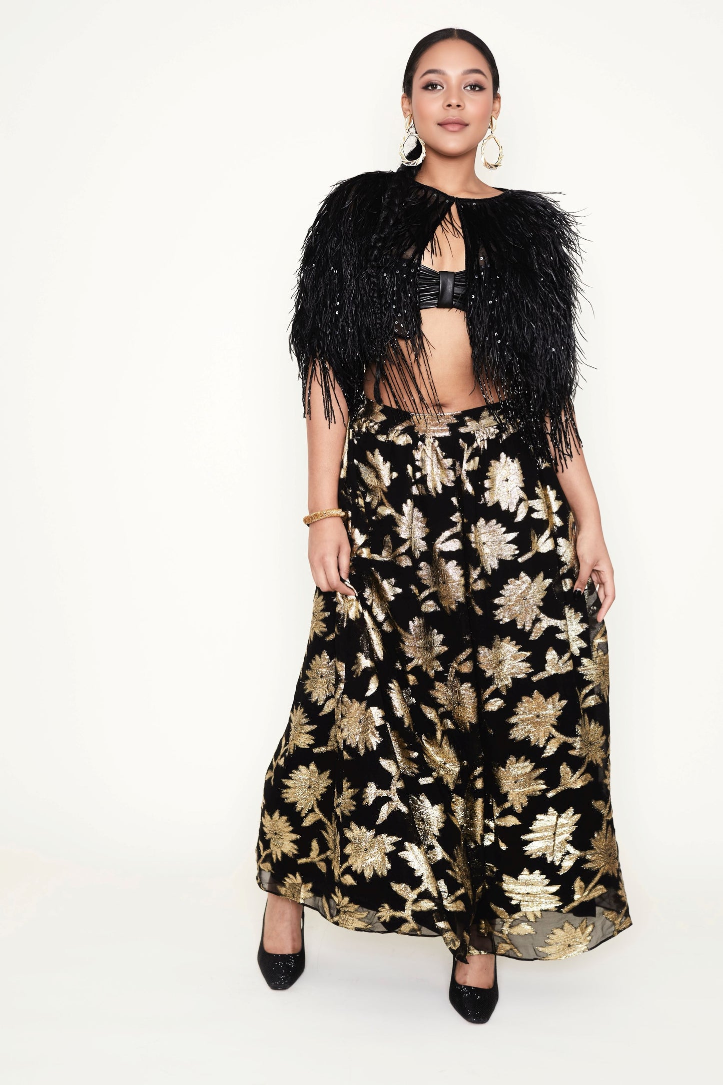 Black & Gold metallic brocade floral design skirt