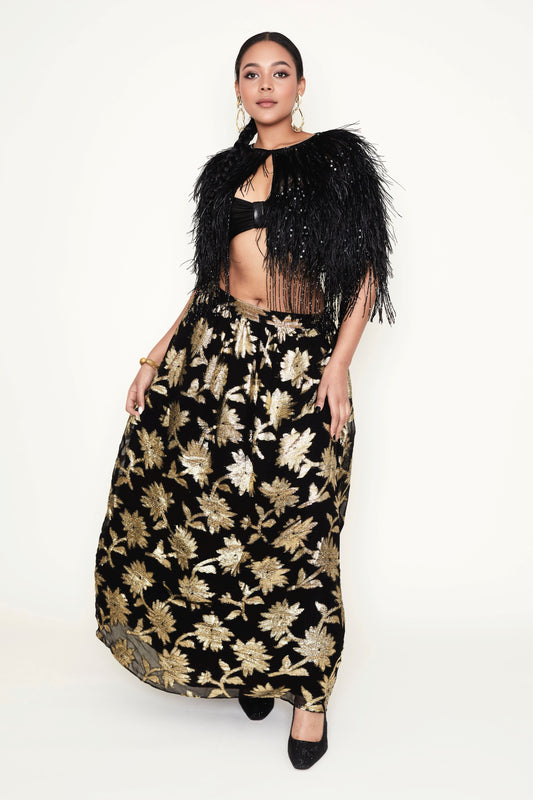 Black & Gold metallic brocade floral design skirt