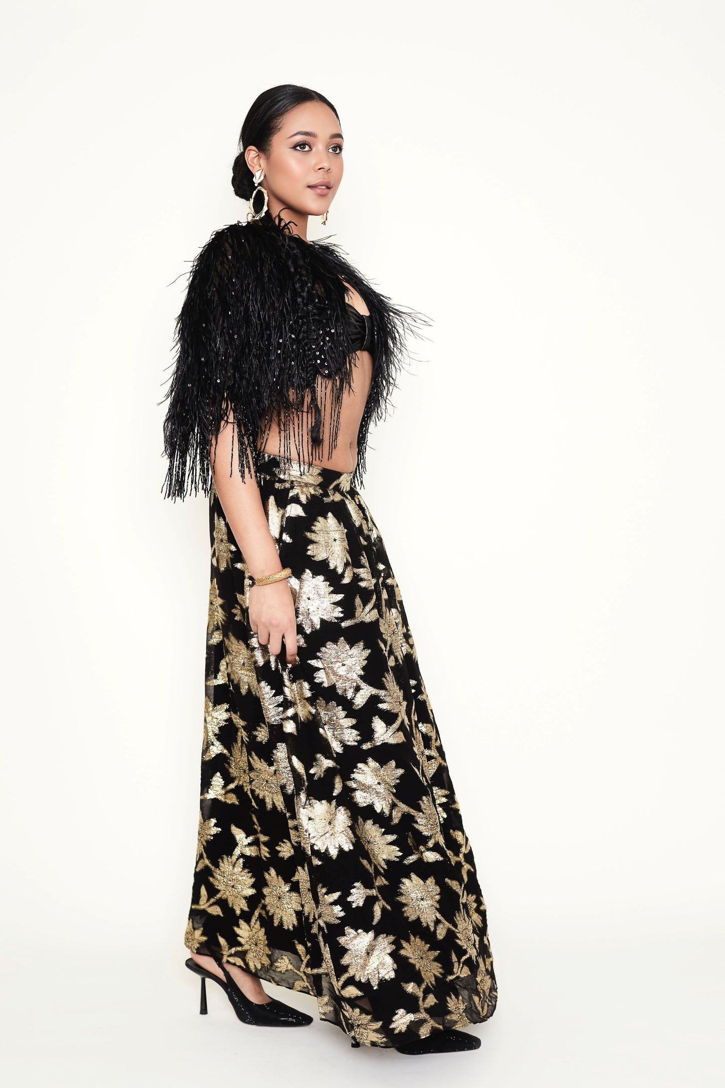 Ostrich feather hand-beaded cape jacket