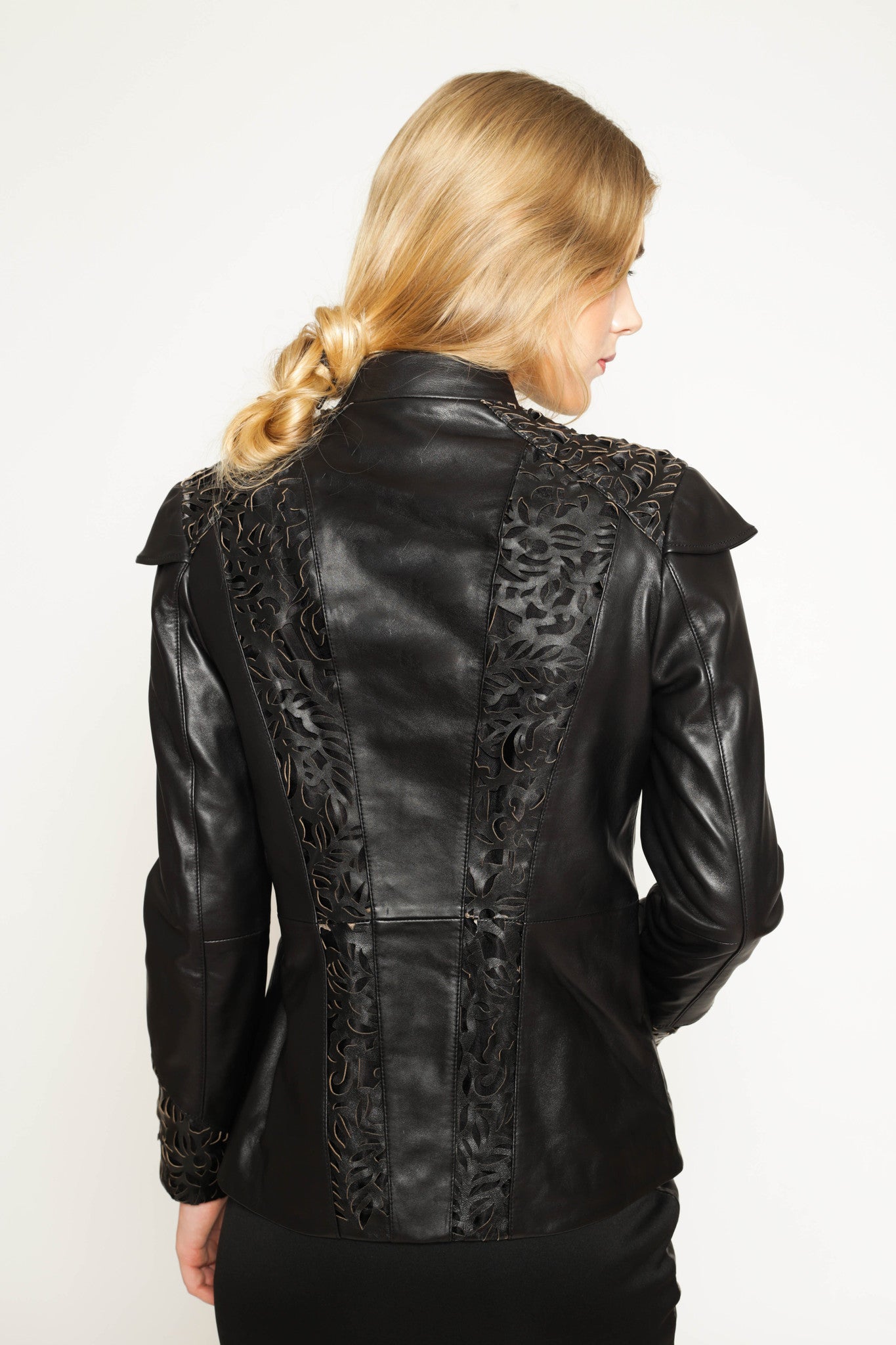 Leather jacket with outlet lace sleeves