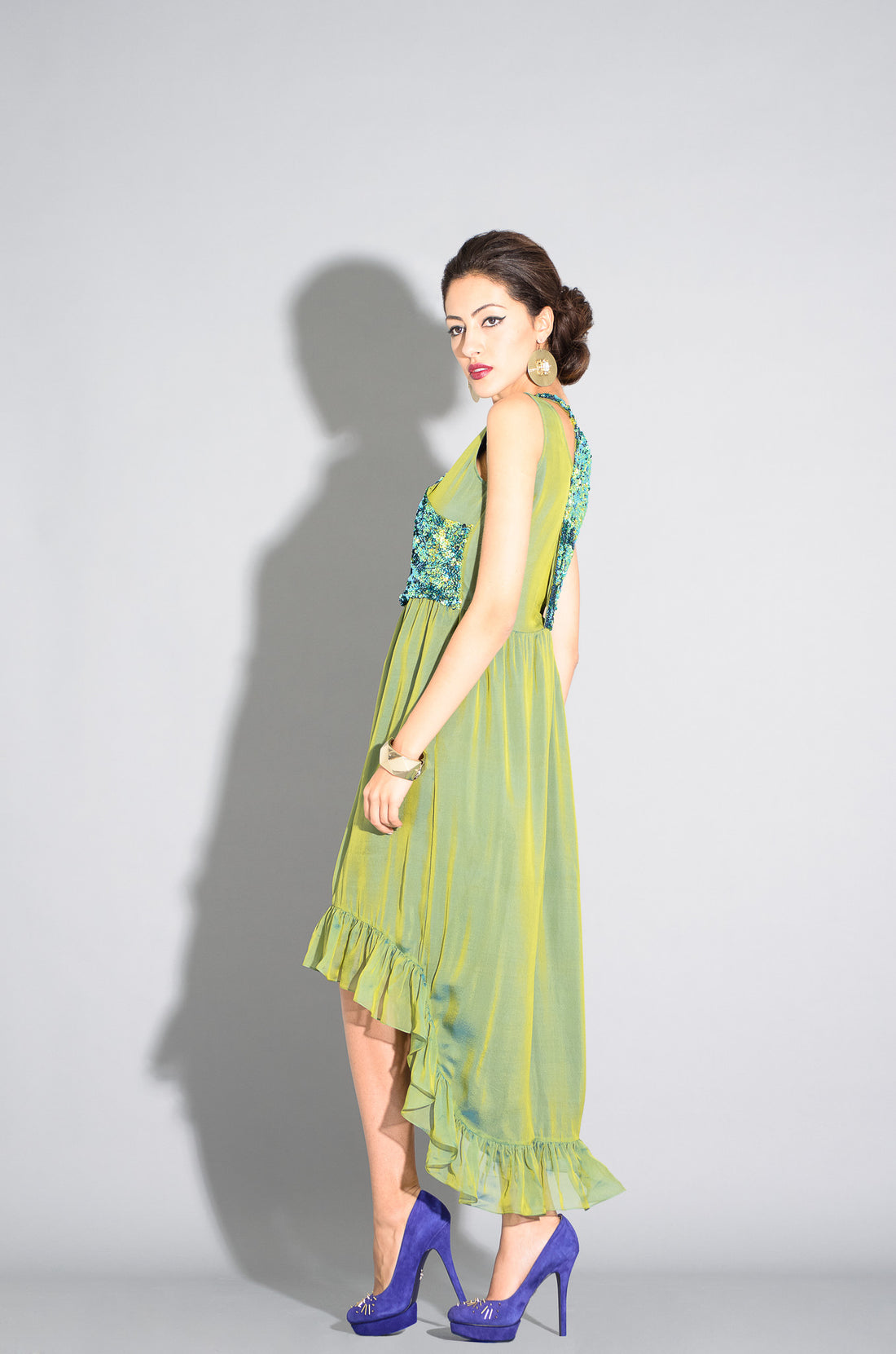 Hi-Low ruffle hem 2-toned silk sequin detail cocktail dress – T.Tandon