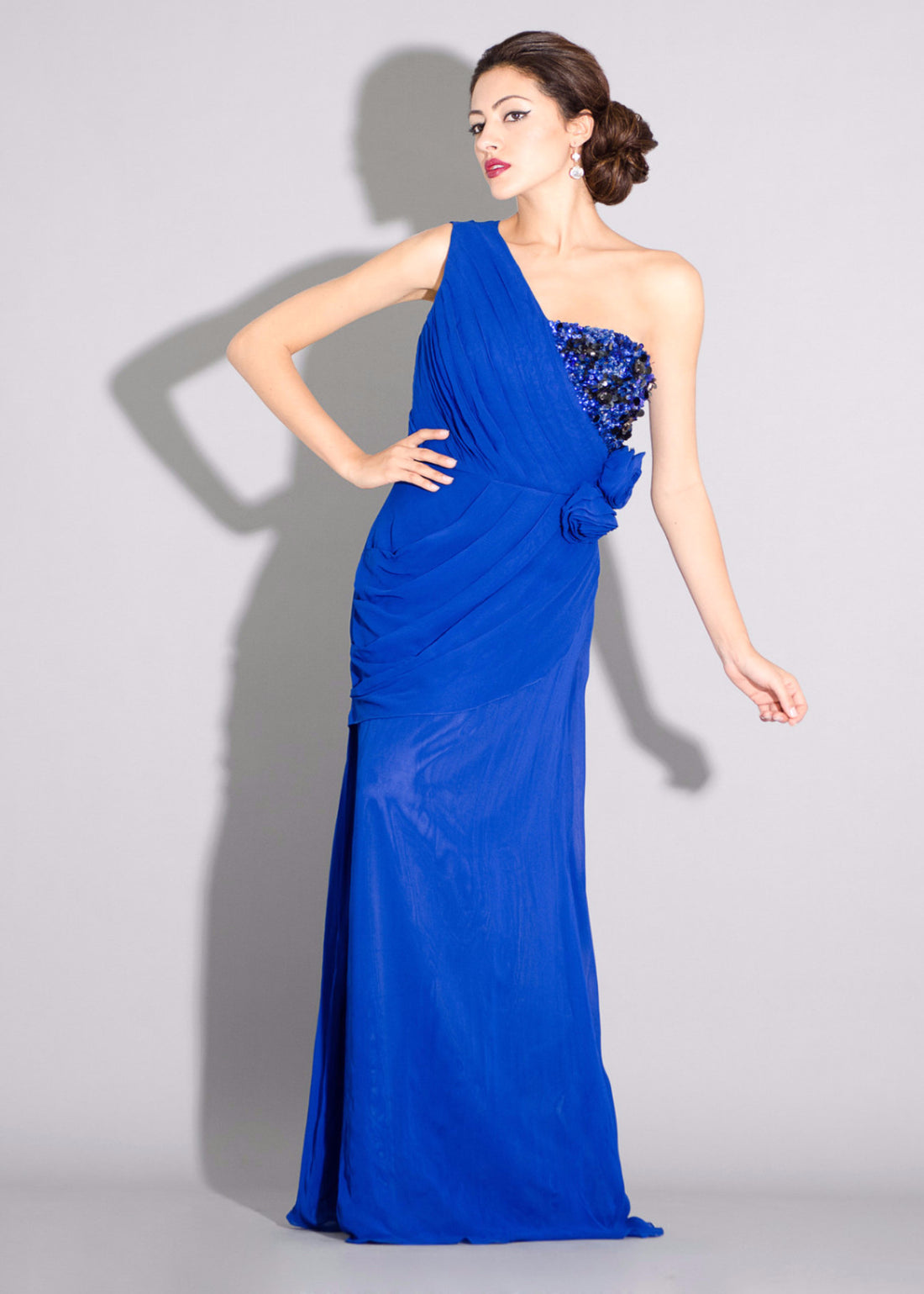 Georgette one shoulder gown, side draping with floral and sequins embe ...